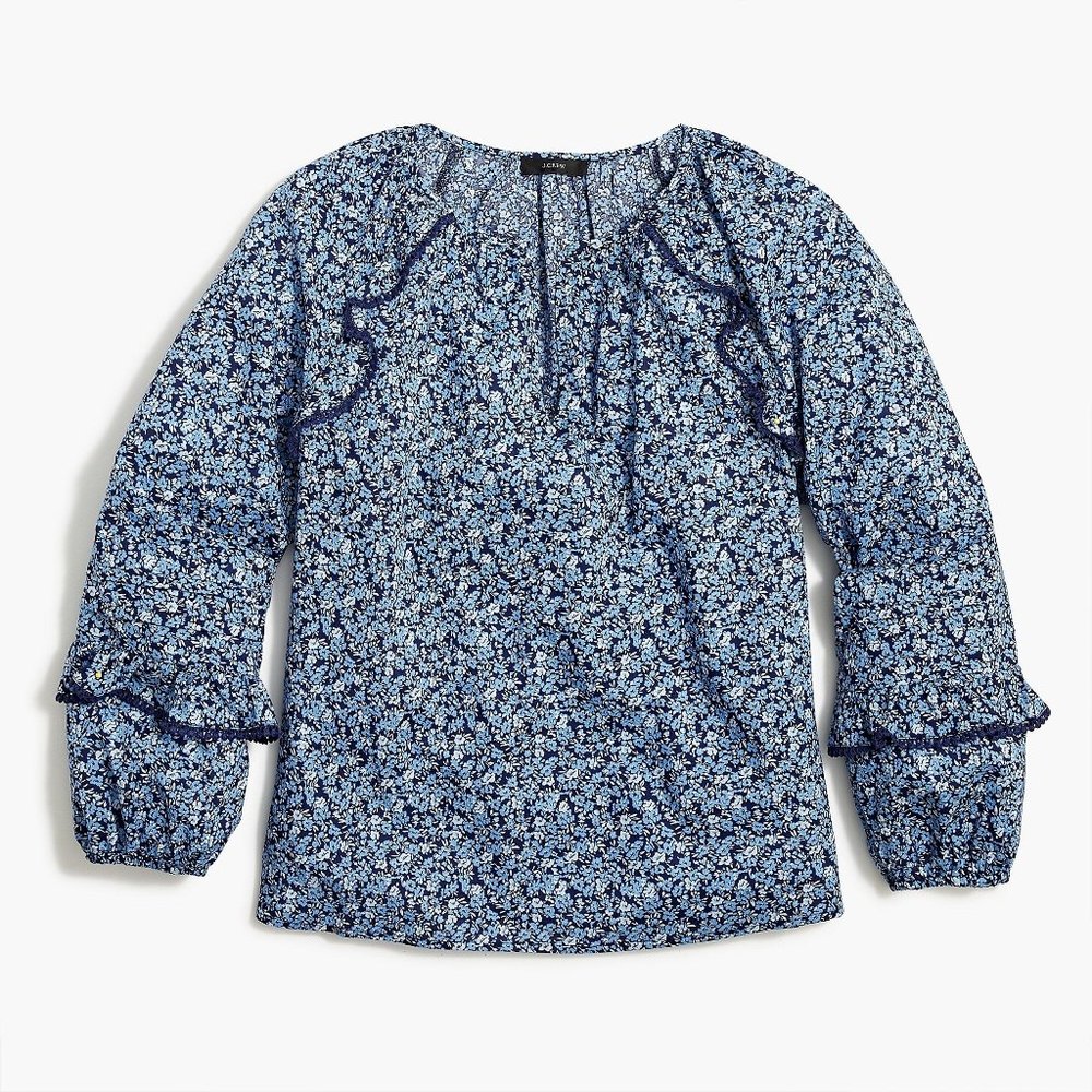 J.Crew Womens Printed ruffle-trim peasant top XS Blue Ditsy Floral Long Sleeve